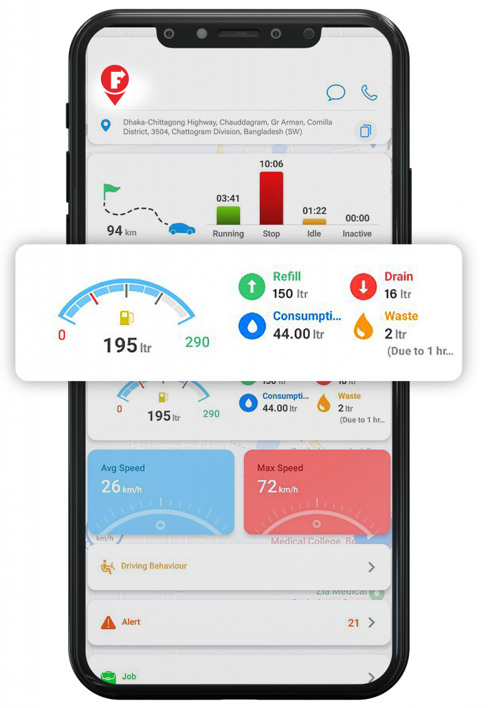 Finder GPS Tracking System app on smartphone screen showing vehicle data and fuel levels.